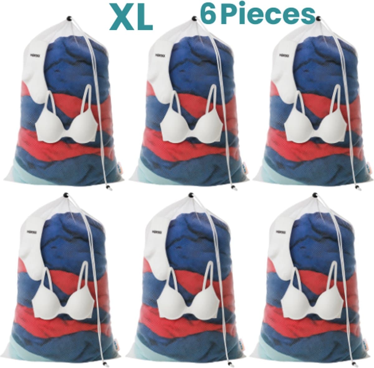 NORDIX Waszak Groot XL - 60x90CM - Waszakken - 6 Stuks - Laundry Bag - Wasnet - Waszakje - Treksysteem - Trekbandsluiting - Polyester - Schoenenzak - WHITE