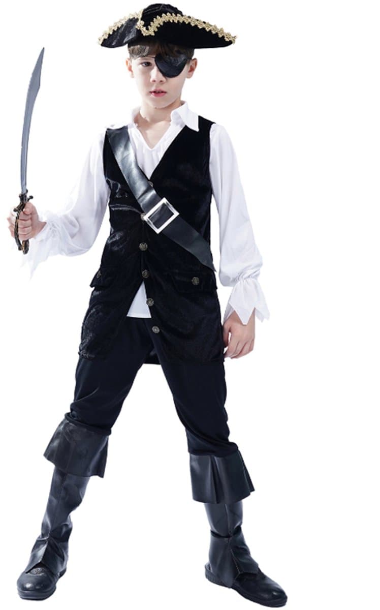 Kostuum Jongens Piraat Zwart – 7-9 Jaar – Inclusief Shirt, Broek met Laarzenhoezen, Gilet, Hoed en Ooglapje – Carnaval & Verkleedkleding