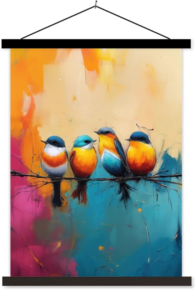Posterhanger incl. Poster 120x160 cm - Schoolplaat - Vogels - Kleurrijk - Tak - Abstract - Textielposter - Zwarte latten