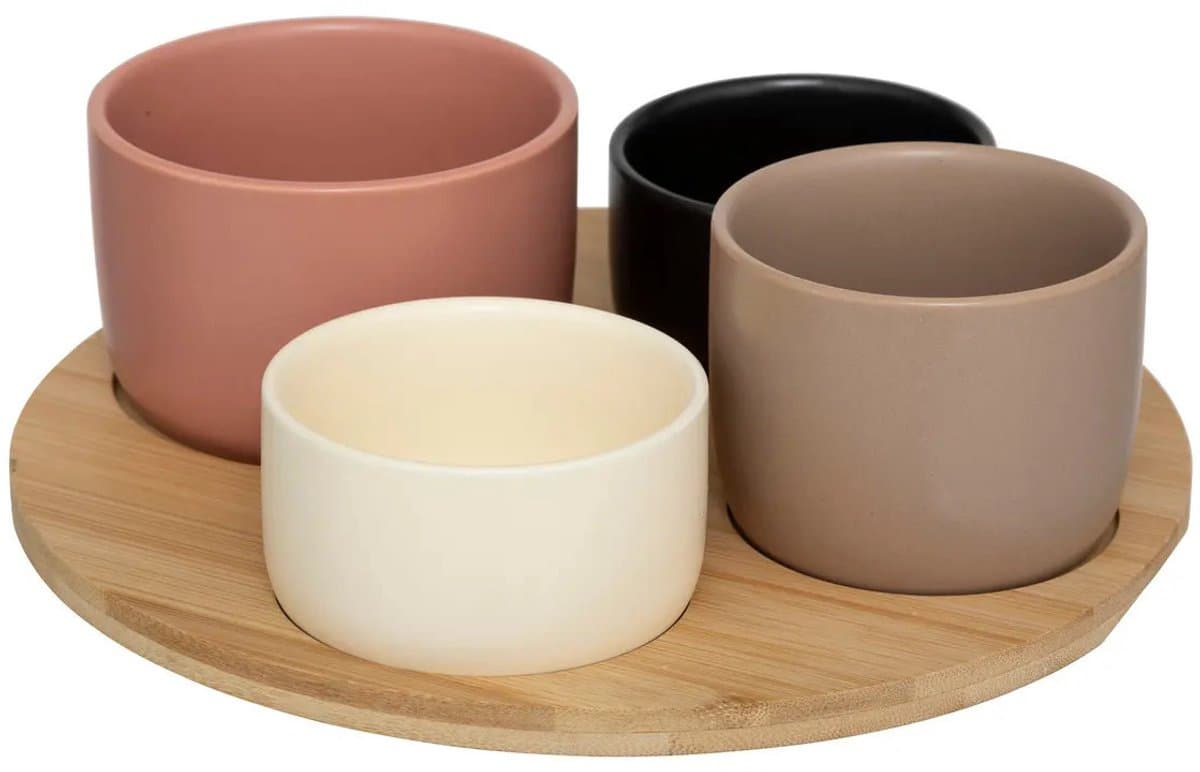 Secret de Gourmet Bamboe Serveerplank met Aardewerken Schalen Set - 26 cm, Multi, 5 stuks