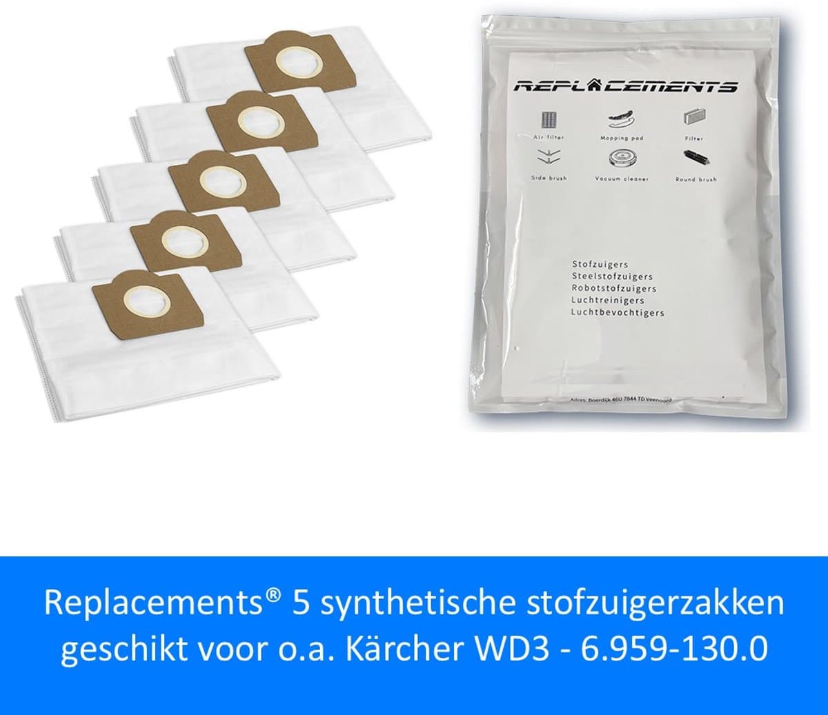 Replacements® 5 synthetische stofzuigerzakken geschikt voor o.a. Kärcher WD3 - 6.959-130.0