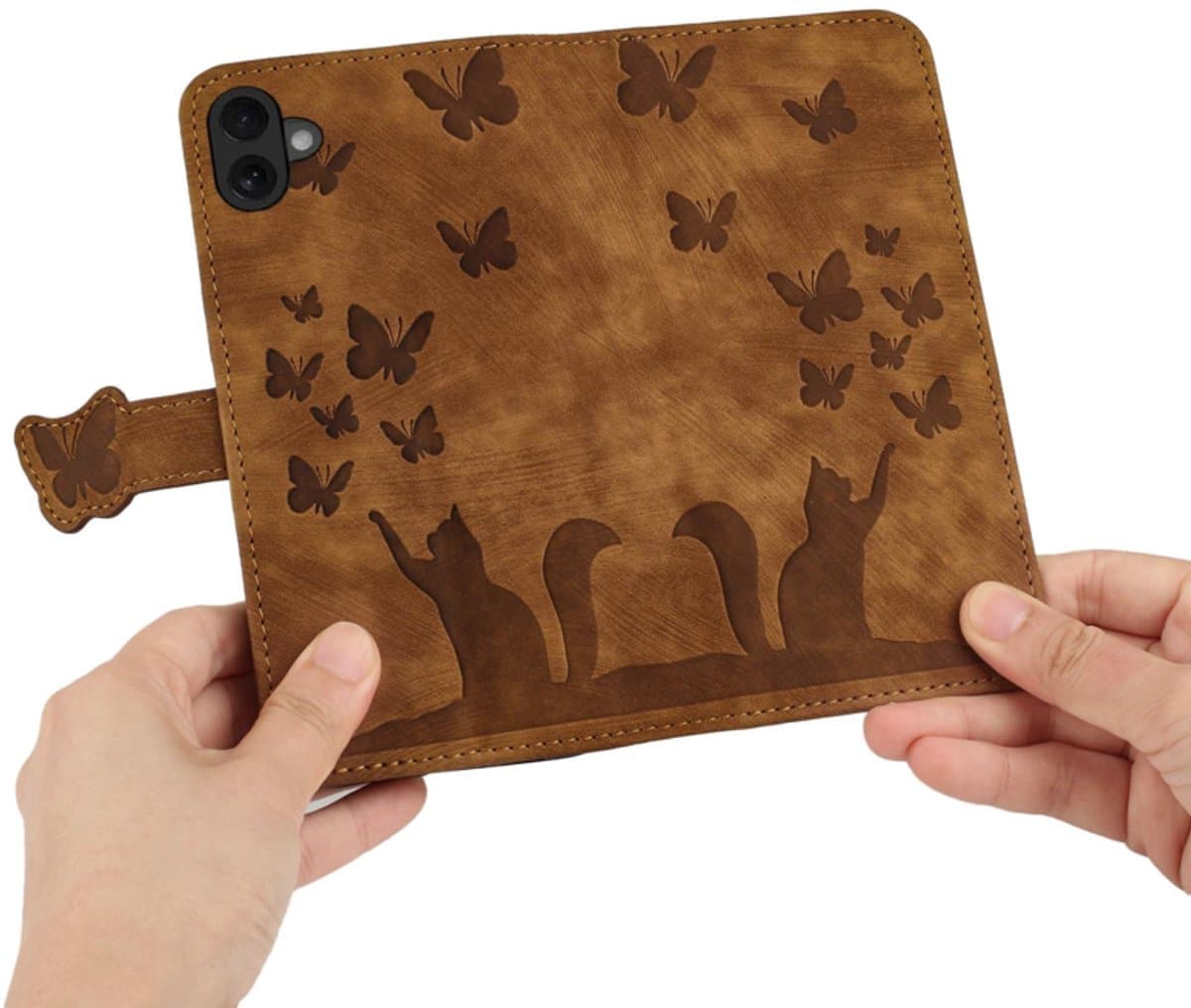 BookCover Hoes Etui geschikt voor Apple iPhone 17 - Vlinders en Kat - Bruin - Reliëf