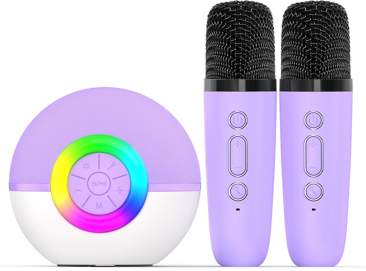 Peysaitr - Mini Karaoke Machine - Bluetooth Speaker met LED Licht & 2 Draadloze Microfoons - Voor Kinderen & Volwassenen - Feest, Verjaardag, Geschenk - Paars - 1 Set