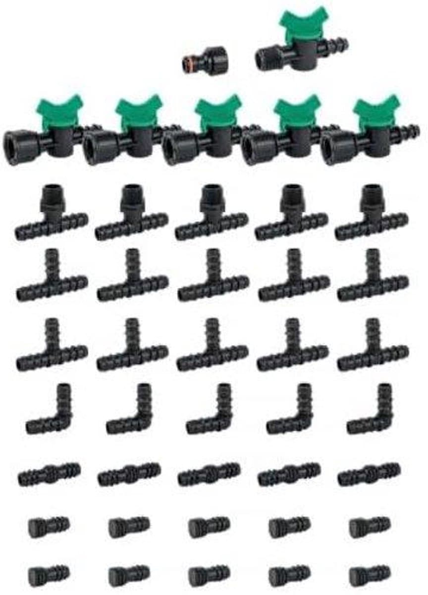 Bradas, set 42 stuks det irrigatie aansluiting, koppeling, 16 mm, tuinslangkoppeling, steekkoppeling, voor bevestiging van druppelirrigatiesysteem, adapter met T-Stuk, Bochtstuk, Recht Stuk, Eindstop