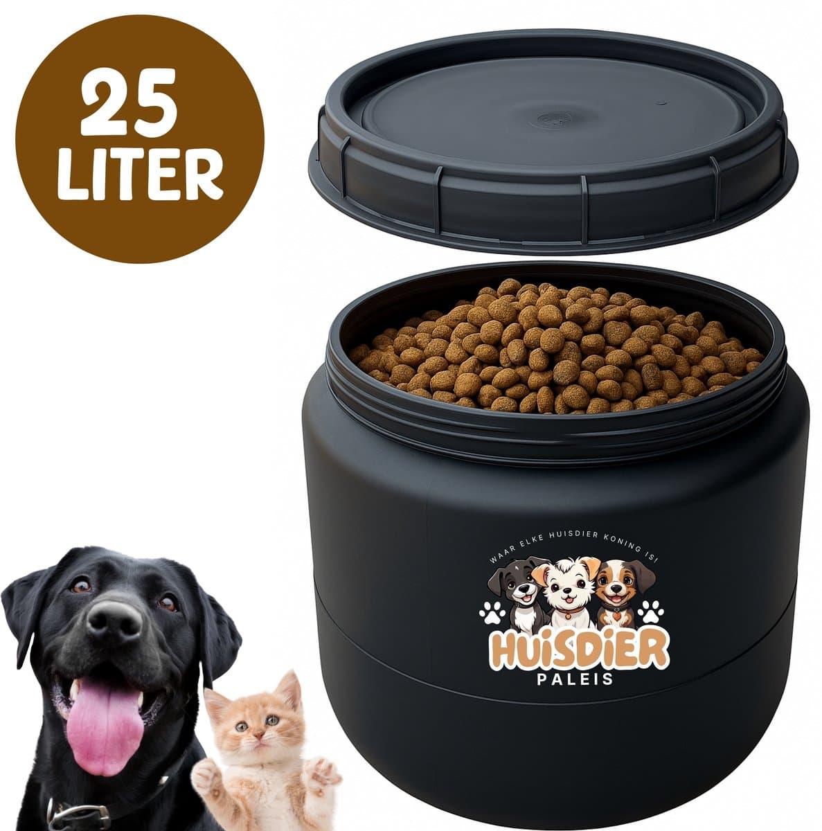 Voercontainer 25 Liter Zwart - Hond - Kat - Voer - Opslag - Schroefdeksel - Stevig - Luchtdicht - Huisdier Voerton