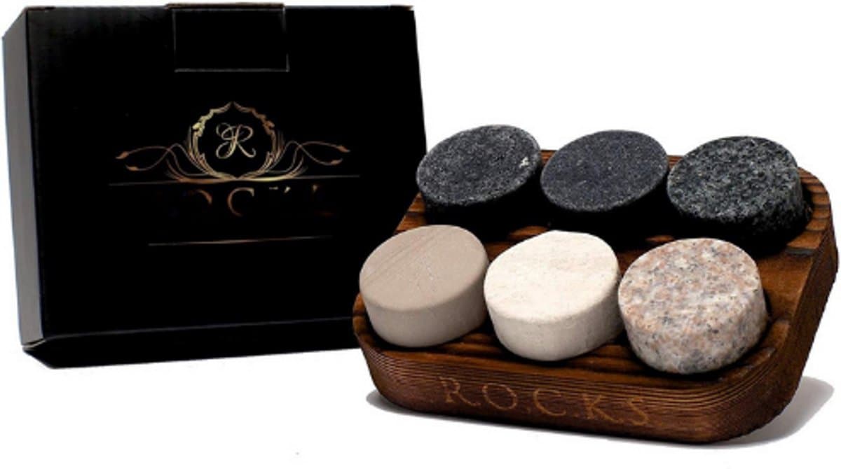 Whisky Stones Set - 6 Handgemaakte Ronde Granieten Koelstenen - Houten Presentatie En Opbergbox