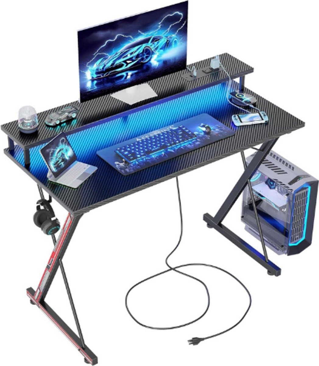 Gaming Bureau Met Led En Stroomaansluitingen - 100x50 CM Ergonomisch Computerbureau Met Monitorstandaard En Hoofdtelefoonhaak - Modern X Frame Werktafel Voor Thuiswerk En Gaming
