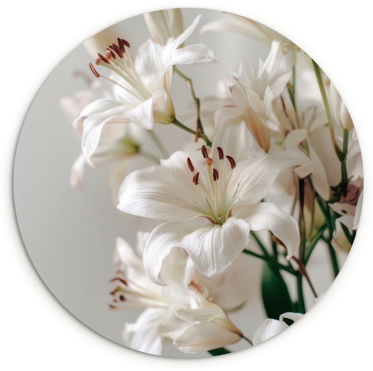 WallCircle® Wandcirkel 60x60 cm - Muurcirkel Lelies - Boekte - Wit - Meeldraden - Muurdecoratie woonkamer - Wanddecoratie slaapkamer - Kamer decoratie accessoires - Ronde schilderijen