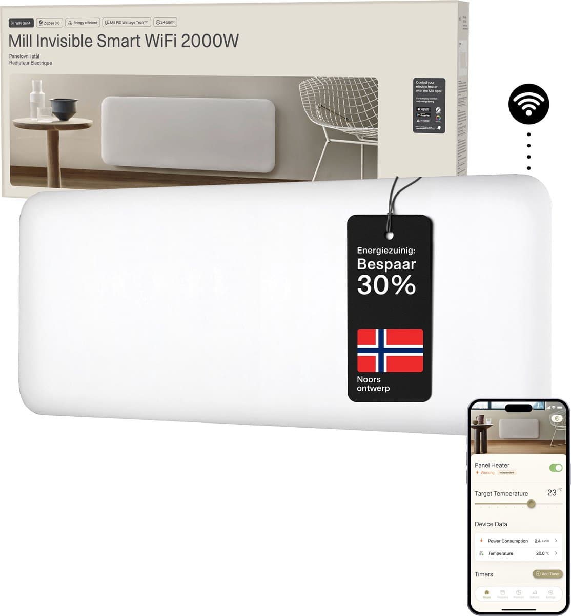 Mill PA2000WIFI4 - WiFi-geïntegreerde stalen paneelverwarming - 2000 Watt - tot 30m2 - 100% stil - 5 jaar garantie