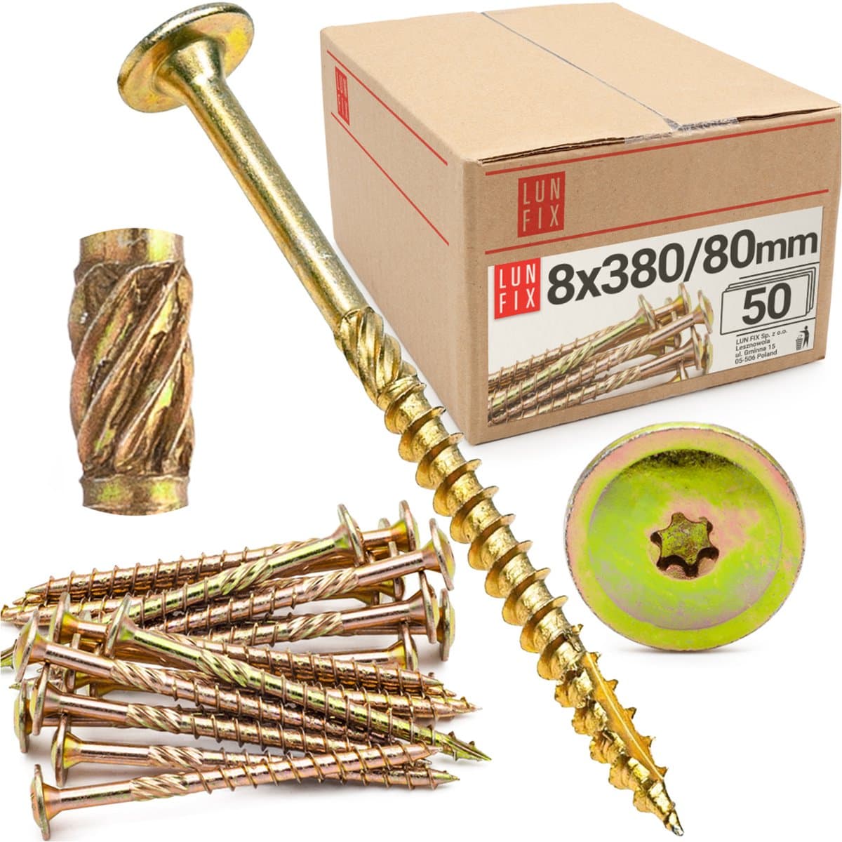LUN FIX - Tellerkopfschroeven 8x380 - 50 stuks - TX40 Torx - Tellerkop met freestrips - Houtschroeven