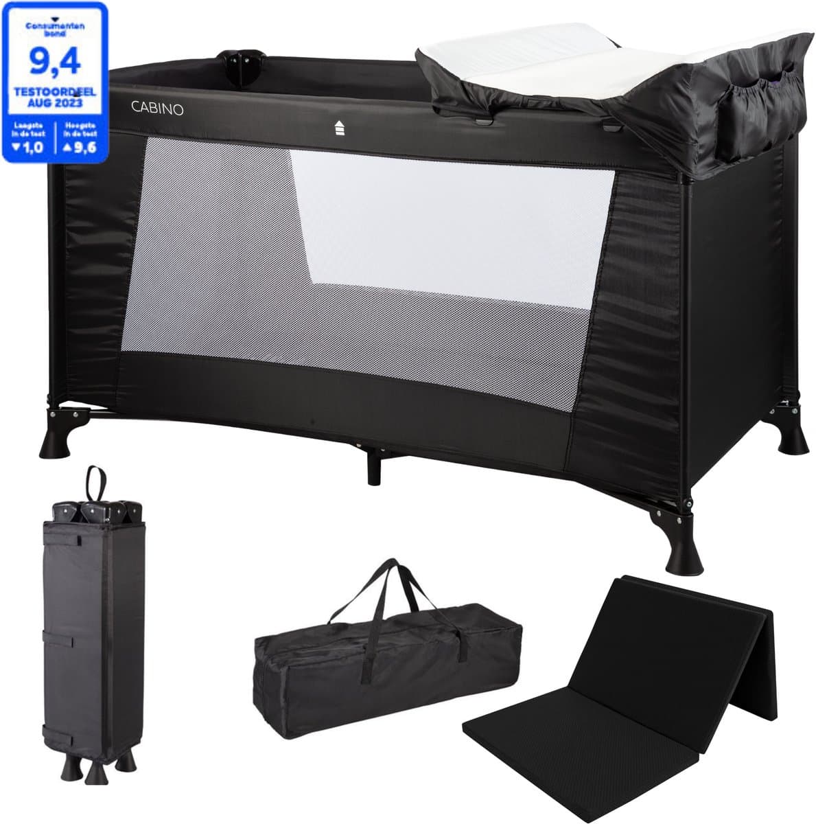 Cabino Campingbedje / Reisbedje met Care set & Matras – 120 x 60 cm - Zwart