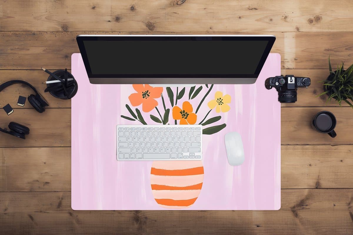 Muismat XXL 80x60 cm - Bureau onderlegger - Bureau mat Vaas - Gestreept - Bloemen - Oranje - Bureaumat - Gaming mousepad xl - Bureaulegger groot - Computer deskmat