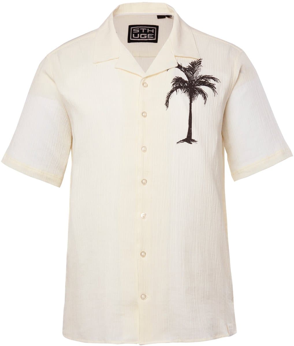 STHUGE - Heren - Overhemd korte mouwen Cubaanse kraag palmboommotief boxy fit - Off-white - Maat XXL