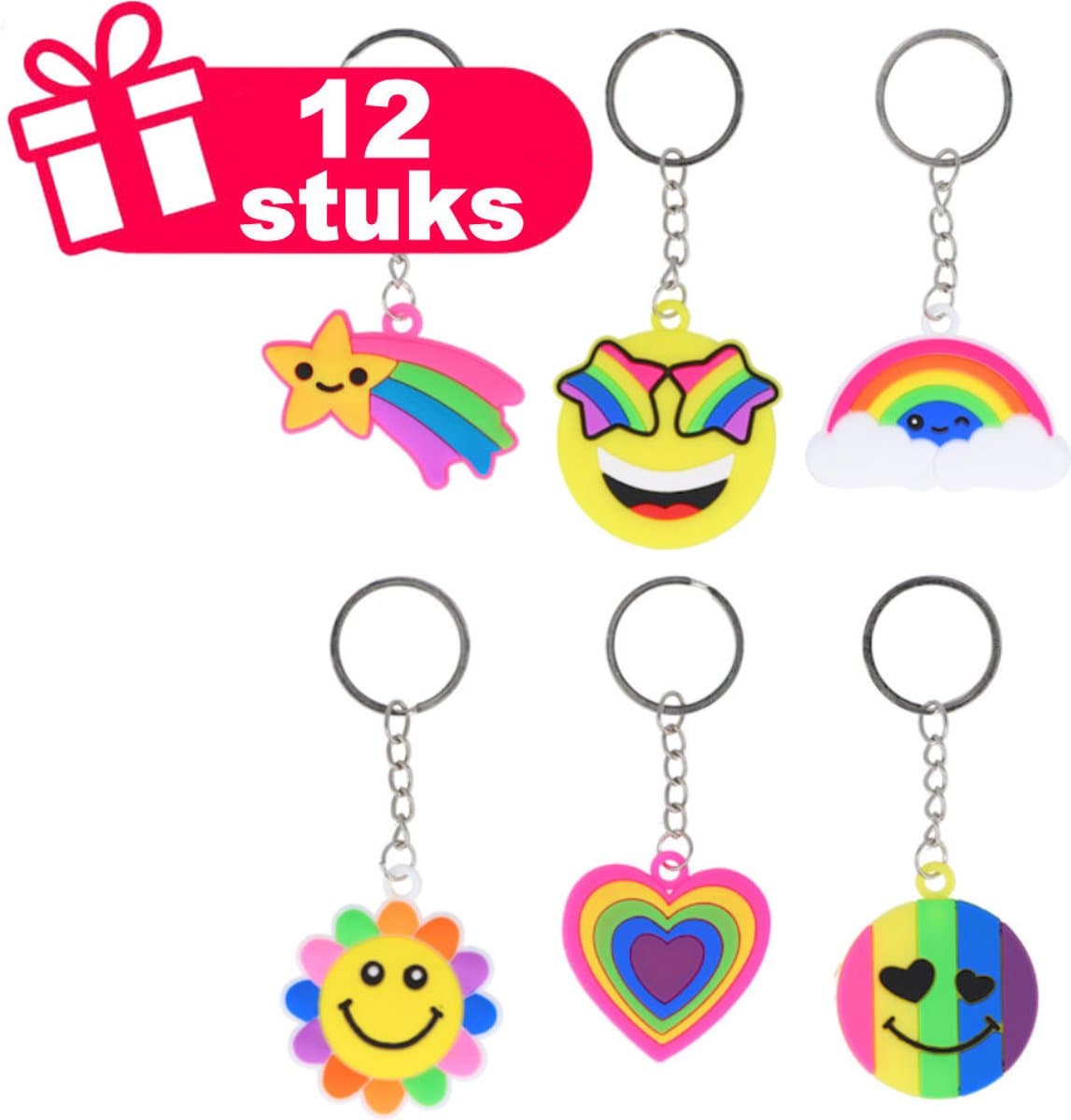 Henbrandt - 12 Stuks Vrolijke Mix Regenboog Sleutelhangers - Rainbow Traktatie uitdeelcadeautjes voor kinderen & peuters - Traktaties en kinderverjaardagen - Klein grabbelton speelgoed voor in traktatie uitdeelzakjes