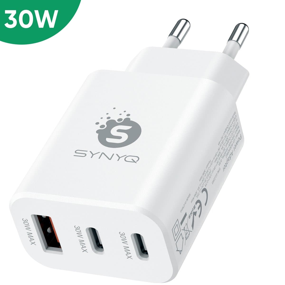 Synyq 30W GaN2 Snellader 3-Poort - 2x USB-C & 1x USB-A - Gecertificeerd - Snellader usb c - Usb c lader - Usb c oplader - Usb c adapter - Wit
