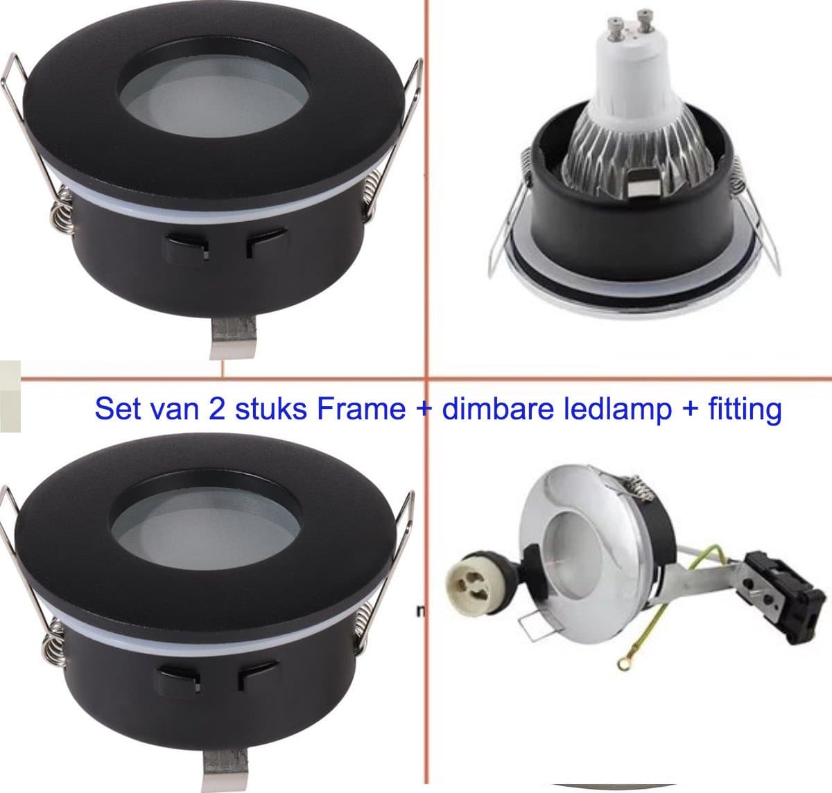 Badkamer LED Zwarte Inbouwspot – Set van 2 – Zwart – Philips GU10 Dimbaar – Badkamerlicht 2700K Zeer Warm Wit – - Sparing Ø75 mm - Buitenmaat Ø82 mm.