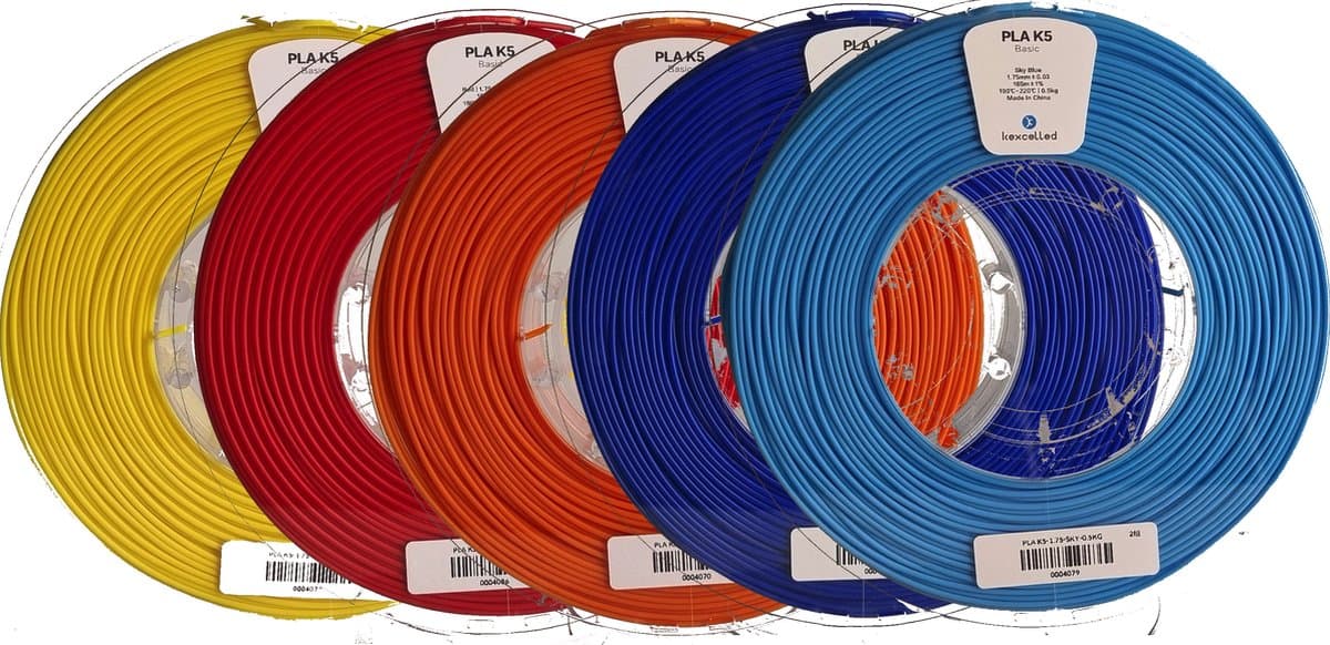 Kexcelled PLA - Combideal 5 x 500g (2,5kg) - Geel, Rood, Oranje, Blauw, Meer blauw - 1.75mm