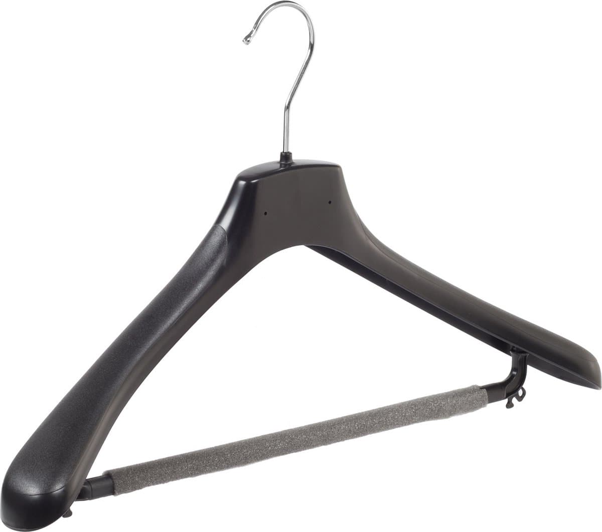 De Kledinghanger Gigant - Mantelhanger - Kostuumhanger - Jassenhanger - Volwassenen - HZ45 - 40 Stuks - Kunststof - Zwart - Gebogen Model - Schouderverbreding 4,8 cm - Broeklat met Schuim - 45 cm - Kledinghanger - Kleerhanger - HZ-Serie