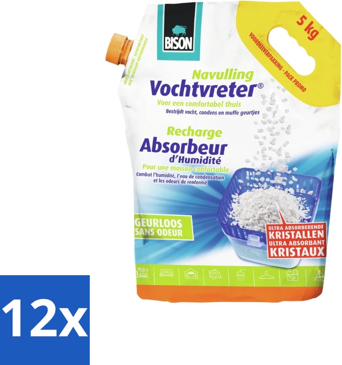 Bison - Original - Vochtvreter - Losse Kristallen - Navulzak - 5 KG - Geurloos - Voordeelverpakking - 12 stuks