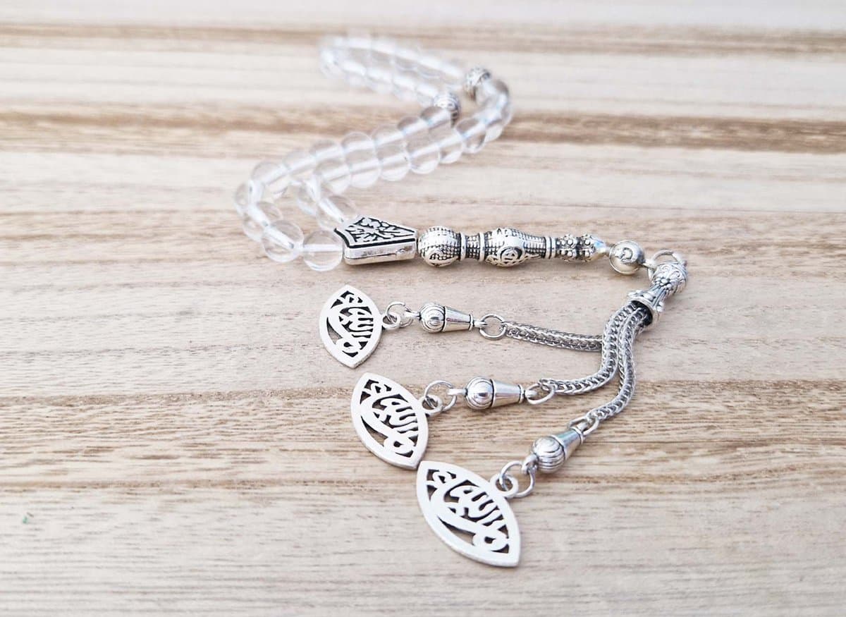 Handgemaakte tesbih "tasbih" natuursteen "Bergkristal" - Aantal kralen 33 - Diameter kralen 8 MM - met metaal tassel "model D3" - Een mooi cadeau-idee