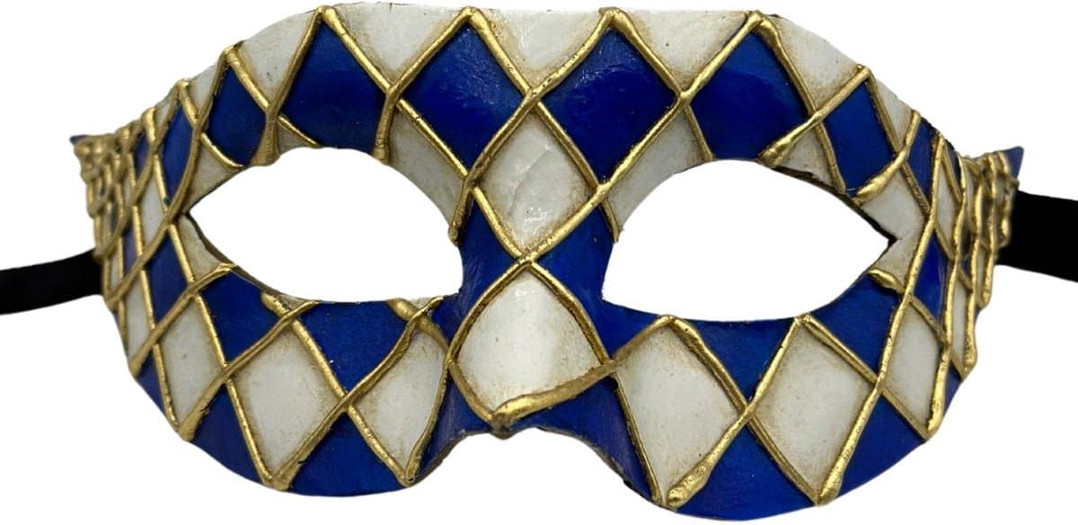 Venetiaans masker handgemaakt - Arlecchino masker blauw/wit/goud - Carnavals masker - gala masker blauw wit