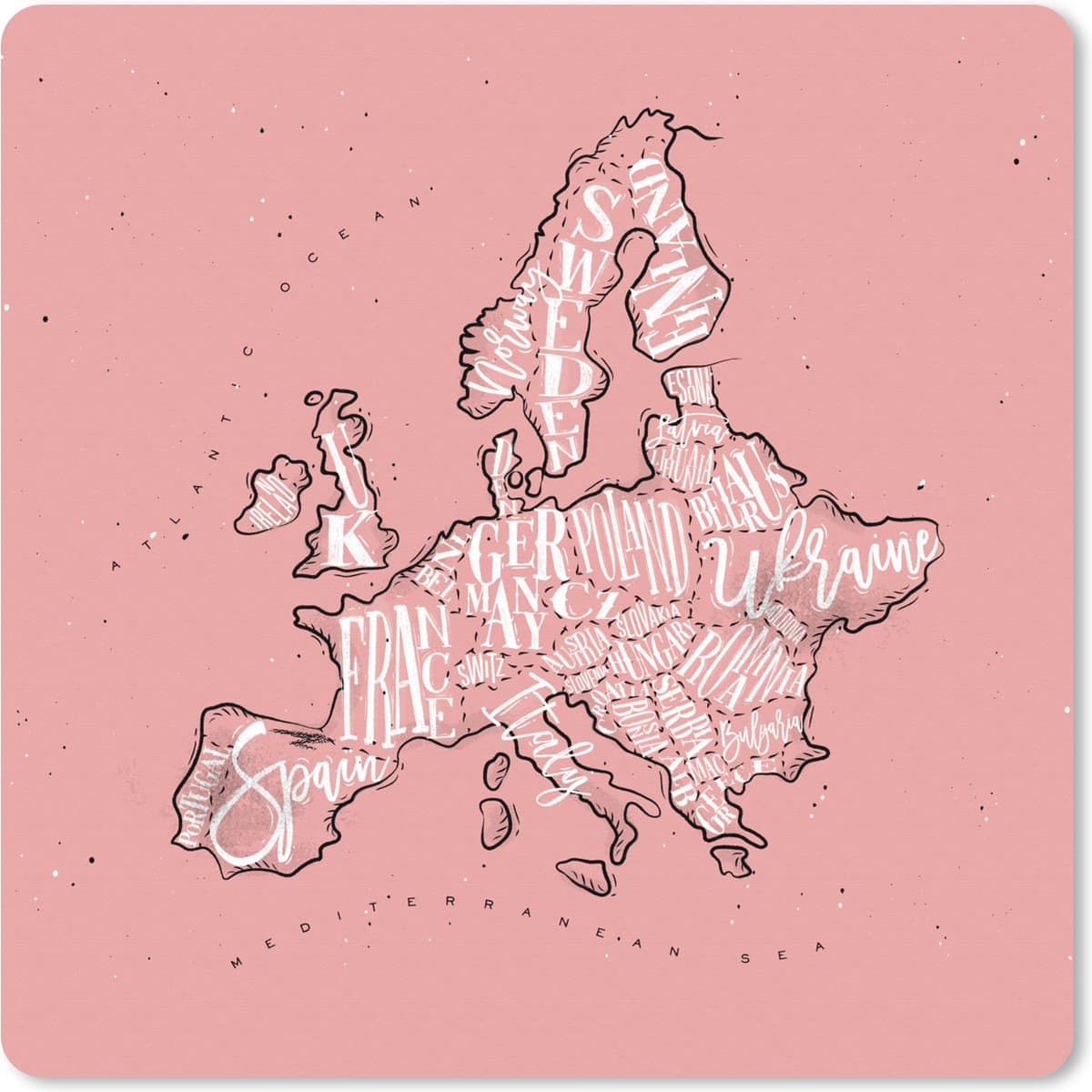 Muismat XXL 60x60 cm - Bureau onderlegger - Bureau mat Kaart - Europa - Roze - Letters - Bureaumat - Gaming mousepad xl - Bureaulegger groot - Computer deskmat