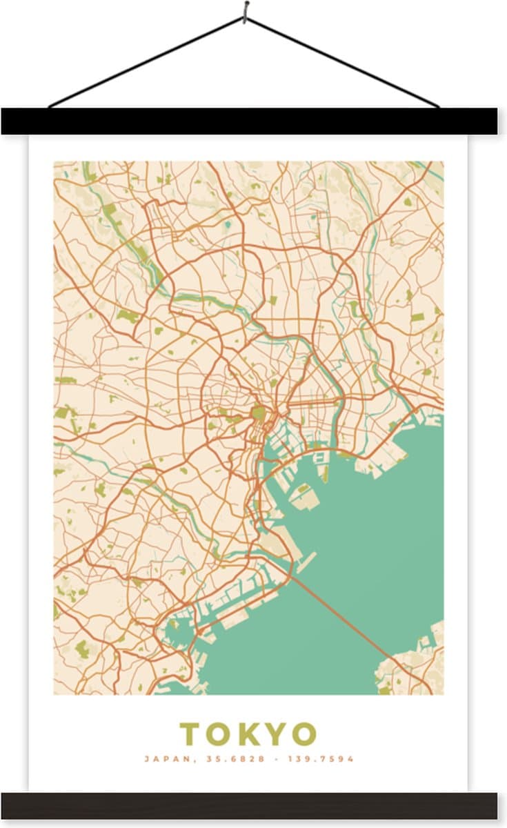 Posterhanger incl. Poster 60x90 cm - Schoolplaat - Tokyo - Stadskaart - Vintage - Plattegrond - Kaart - Textielposter - Zwarte latten - Stadskaart