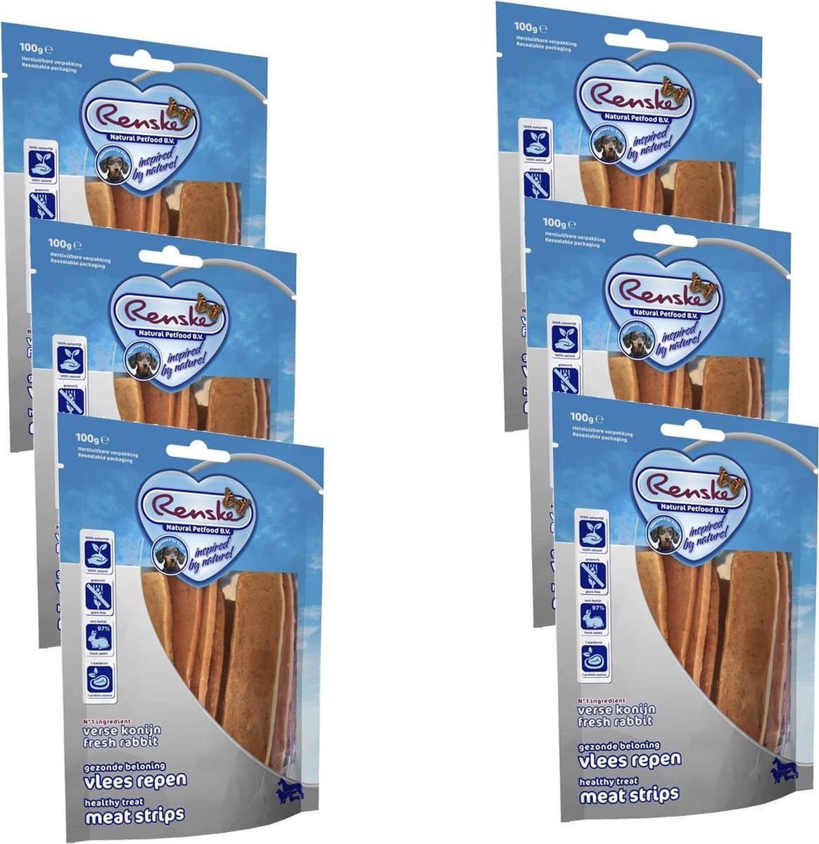 Renske Vleesrepen 100 g - Hondensnacks - 6 x Konijn&Groente