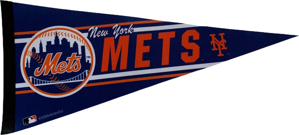 USArticlesEU - New York Mets - NY -  MLB - Vaantje - Baseball - Honkbal -  Sportvaantje - Pennant - Wimpel - Vlag - Blauw/Oranje/Wit - 31 x 72 cm