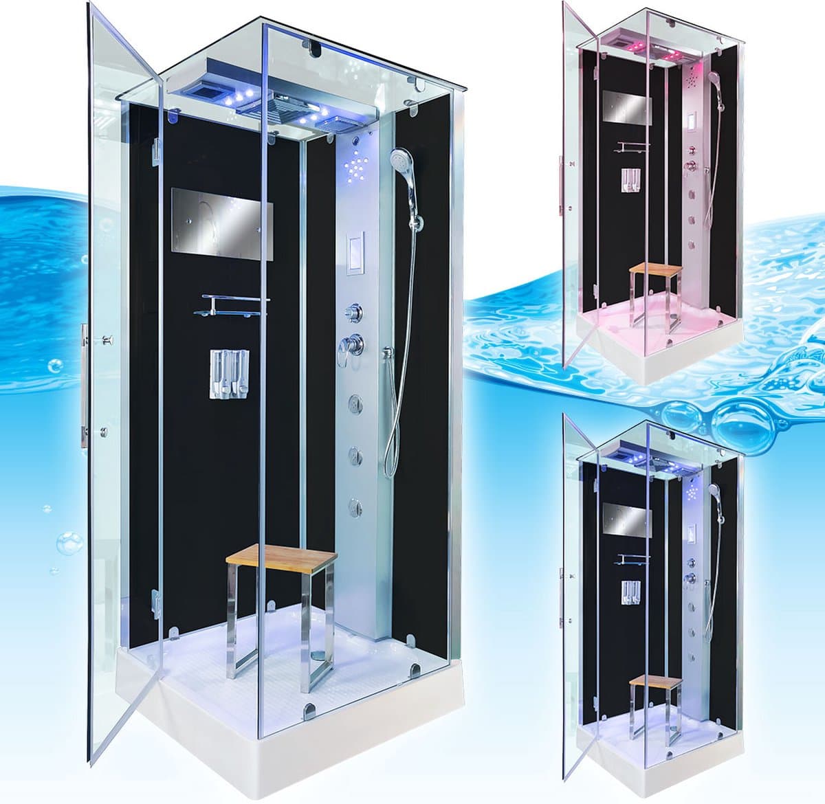 Complete Gesloten Douchecabine 90X90X215 Bastia. THERMOSTAATKRAAN. Luxe, Kit-Vrij, Zwart, Veiligheidsglas, LED, Radio, Speakers, Massage, Hoekmodel, Vierkant, Scharnierdeur, Douchebak, Afvoer, Sifon, Alle Modellen, Full Options. Royal Sanitair