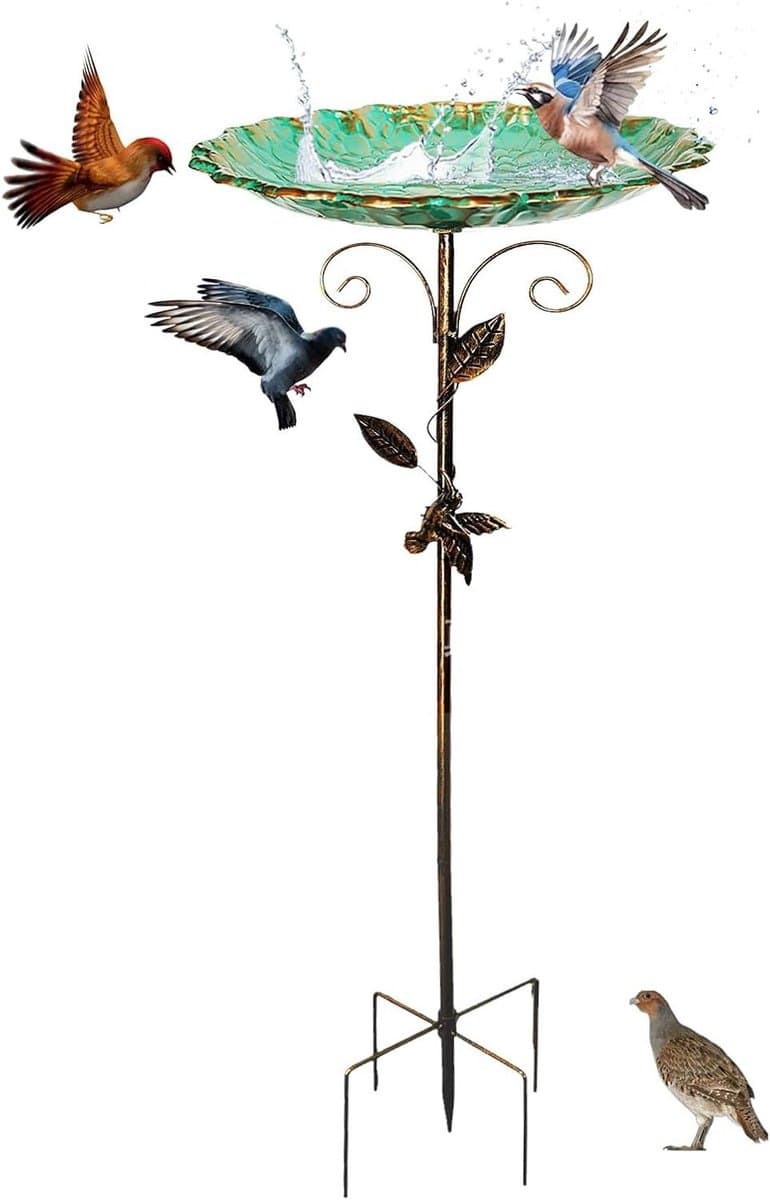 Vogelbad Staand - Vogeldrinkbak Voederstation - Tuindecoratie Vogels - Stabiele 5-Klaver Basis - 78 cm Hoog - Groen