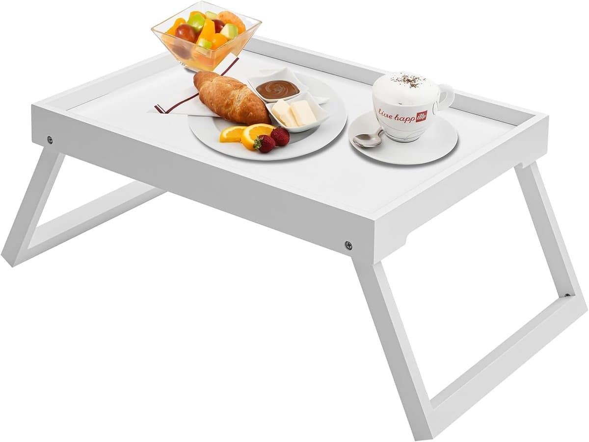bedlade tafel met opvouwbare poten, ontbijtlade, laptopbureau voor bed of bank, eten, diner, serveren, tv-tafel, keuken, eten, werken (wit)