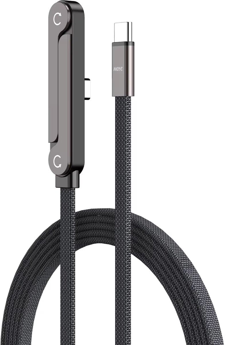 NEOVO 240W USB-C Oplaadkabel 1,5 m – 360° Draaibare & Opvouwbare Telefoonstandaard, 90° Gaming Connector, PD Snelladen, Gevlochten Kabel, Compatibel met iPhone, Samsung, Huawei, Xiaomi, Google Pixel en Meer