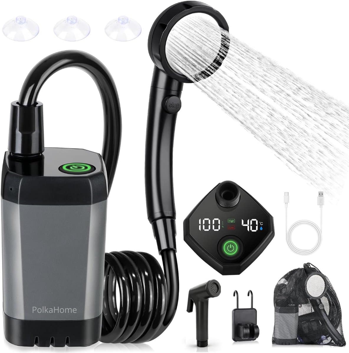 PolkaHome® camping douche oplaadbaar met Bidetopzetstuk voor Bidet WC – Draagbare Oplaadbare Campingdouche, 6000 mAh Accu, Temperatuurdisplay, 4 Sproeistanden & 2 m Slang
