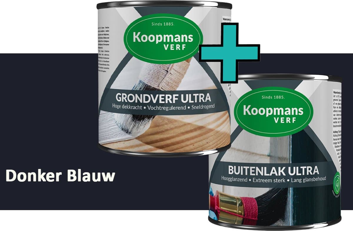 Koopmans Grondverf Ultra en Buitenlak Ultra - Grondverf Lakverf set - Buiten - Donker Blauw – 2x – 750 ml