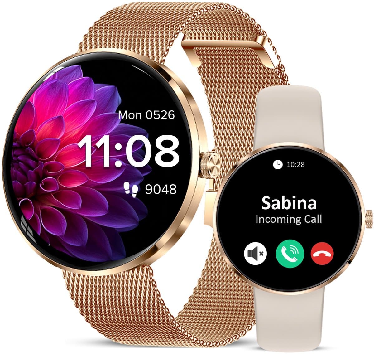 Avalue Dames Smartwatch - AMOLED Display - Belfunctie - Hartslag, SpO2 & Bloeddruk Monitor - Slaapmonitor - Vrouwengezondheid - Stappenteller - Android & iOS - RVS en Siliconen Band- Goud