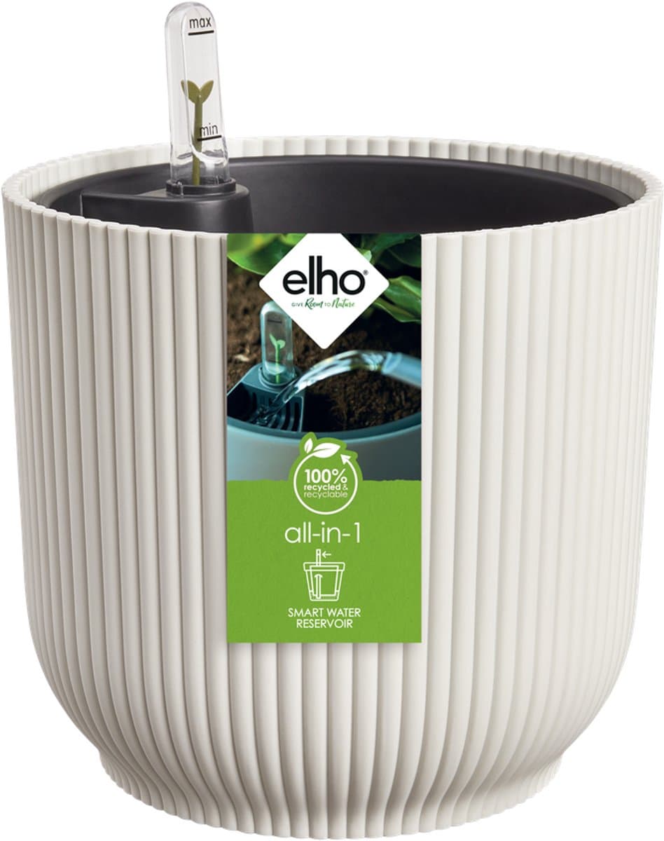 Elho All-in-1 Vibes Rond 25 + Swi 24 - Bloempot met Watermeter - 100% Gerecycled Plastic - Ø 25 cm - Linnen wit