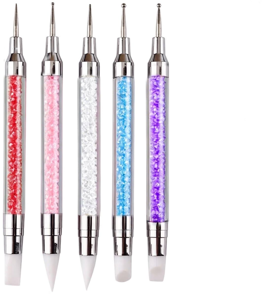 Set van 5 penselen voor nageldesign, dubbele koppige siliconen nagelkwasten met dotting tool, voor nail art, gelnagels, modellering en stras-applicatie, manicure-accessoires, glittergreep