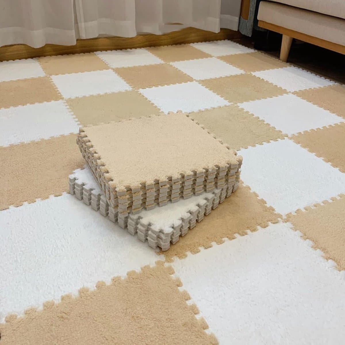 Vierkanten Foam Mat - Puzzeltegels Tapijt - Comfortabele Vloer - Zacht Suède Schuim - 20 Stuks 30x30cm - Apricot Wit