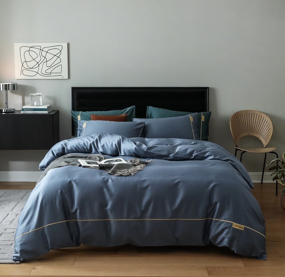 MeiLun Home Pima Reserve Harbor Mist – 4-delige beddengoedset – 100% Pima-katoen – hoeslaken 180 x 200 + 30 ,dekbedovertrek 220 x 240 cm en 2 kussenslopen 48 x 74 cm