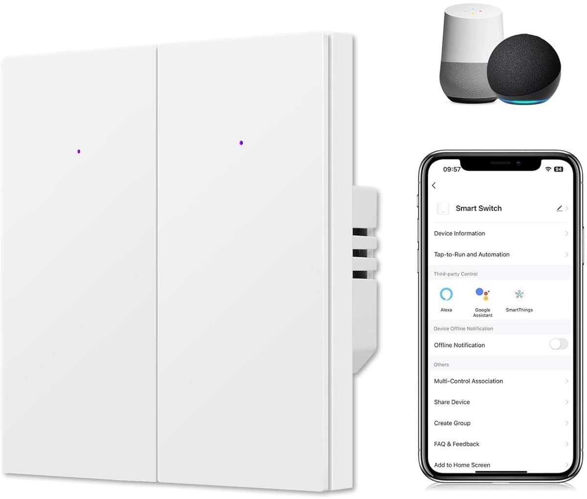 Slimme Wandlichtschakelaar, Inbouw Wit, Dual WiFi Muur Switch, Compatibel met Alexa en Google Assistant, LED Statusindicator, Multi-Besturing, Timer en Schema Functie, 2-Wege Schakelaar