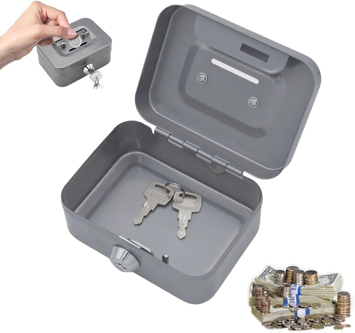 Geldcassette, zilverachtig kleine kluis, 11,5 x 8,5 x 5,8 cm, metalen sluitvak, spaarpot met toetsenblokkering, geldcassette afsluitbaar met sleutel, portemonnee, kassa met 2 sleutels