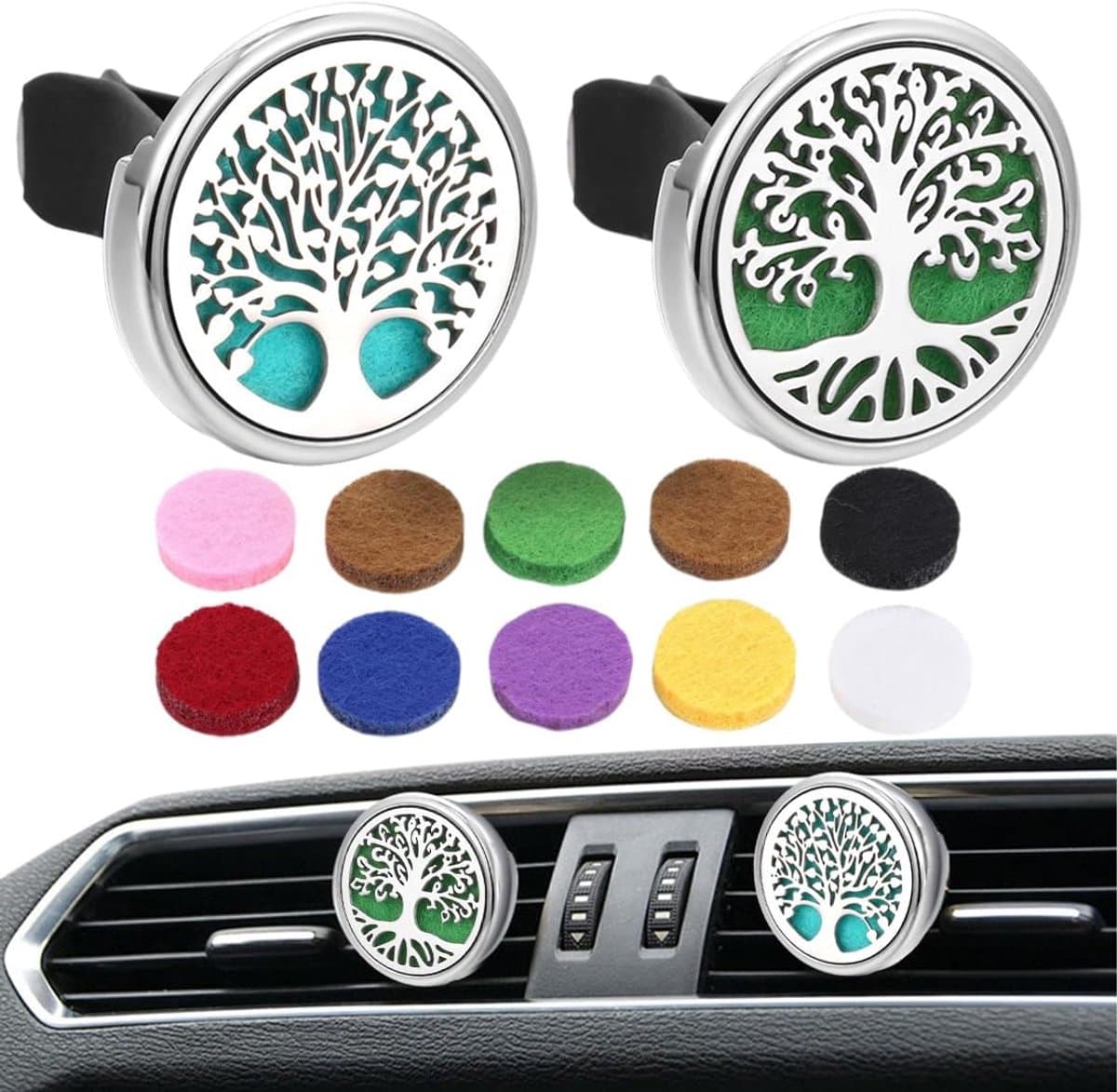 Aromatherapie geurdiffuser auto - roestvrij staal - 2 stuks met 10 vilten pads - voor frisse lucht in auto en thuis - SnelShoppen