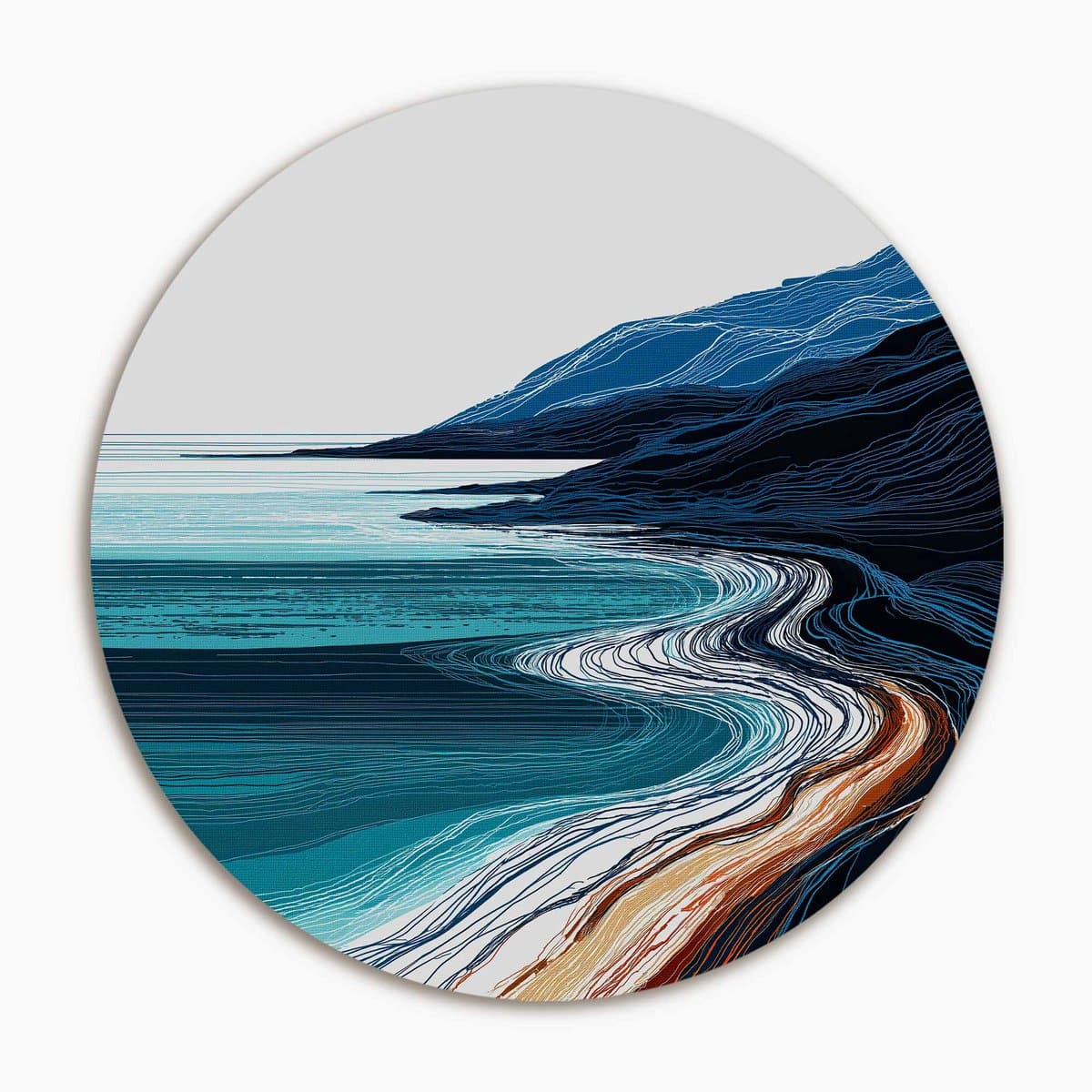 Blauwe kustlijn landschap - Muurcirkel 140x140 cm - Wanddecoratie op Aluminium Dibond - Rond Wandpaneel