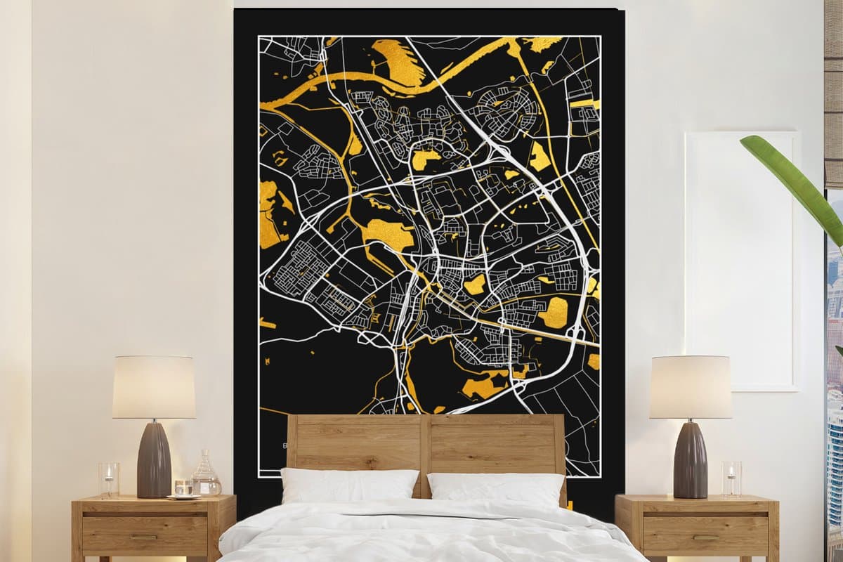 Behang - Fotobehang Plattegrond - 's-Hertogenbosch - Goud - Zwart - Breedte 160 cm x hoogte 240 cm - Stadskaart