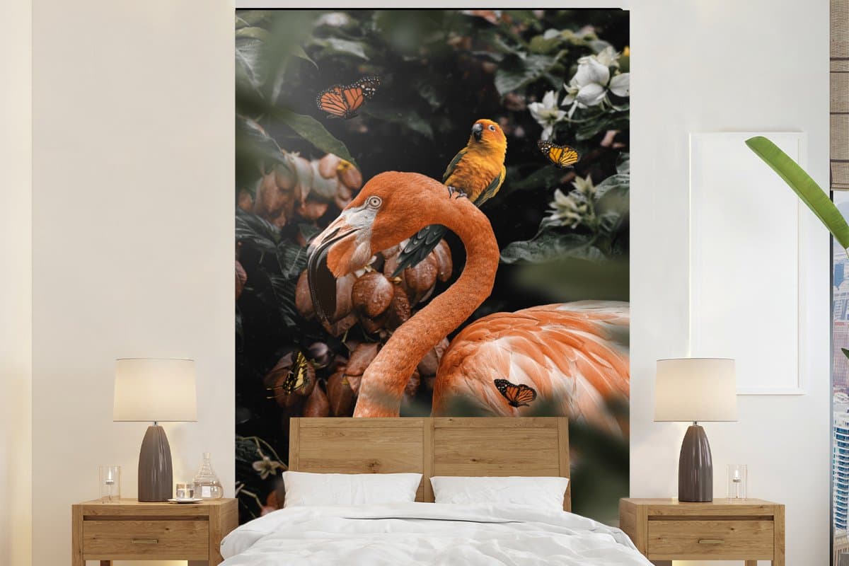 Behang - Fotobehang Flamingo - Papegaai - Jungle - Vlinder - Breedte 145 cm x hoogte 220 cm
