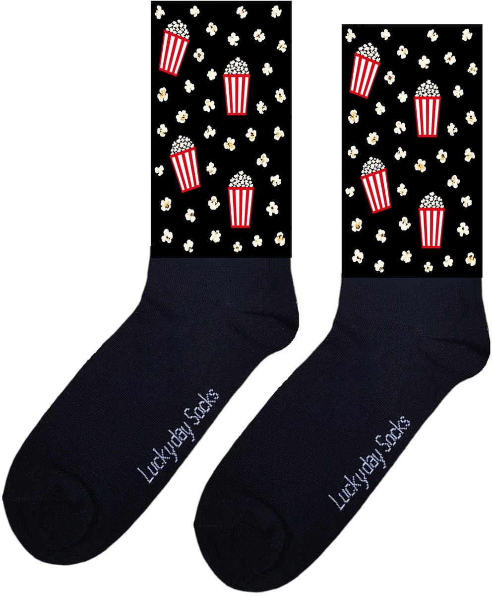 Popcorn Sokken – Film avond - Sokken Cadeau - Gefeliciteerd - Bingwatch Serie – Verjaardag - Film cadeau - Grappig - Cadeau voor vrouw man – Kado – Sokken - Verjaardags cadeau – Jarig - Brievenbus geschenk – LuckyDay Socks - Maat 41-45
