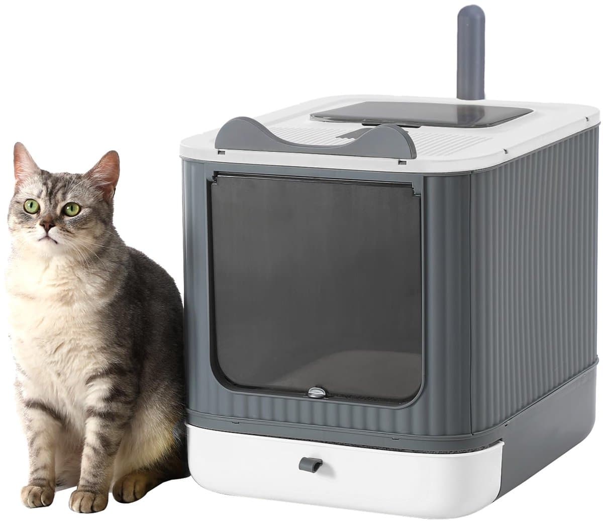 Famanu – Opvouwbare kattenbak, volledig afgesloten met deksel, overdekte kattenbak met schep, geurcontrole, geschikt voor katten tot 5,4 kg (wit & grijs