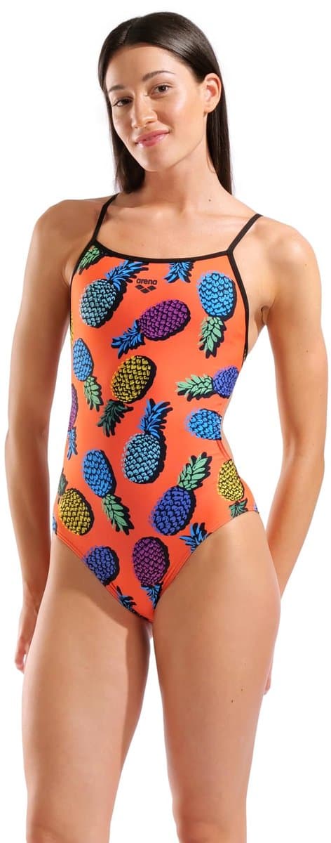 ARENA Pineapples Swimsuit Tie Back - Dames Zwempak - Team-Oranje/Multi-Zwart - 36
