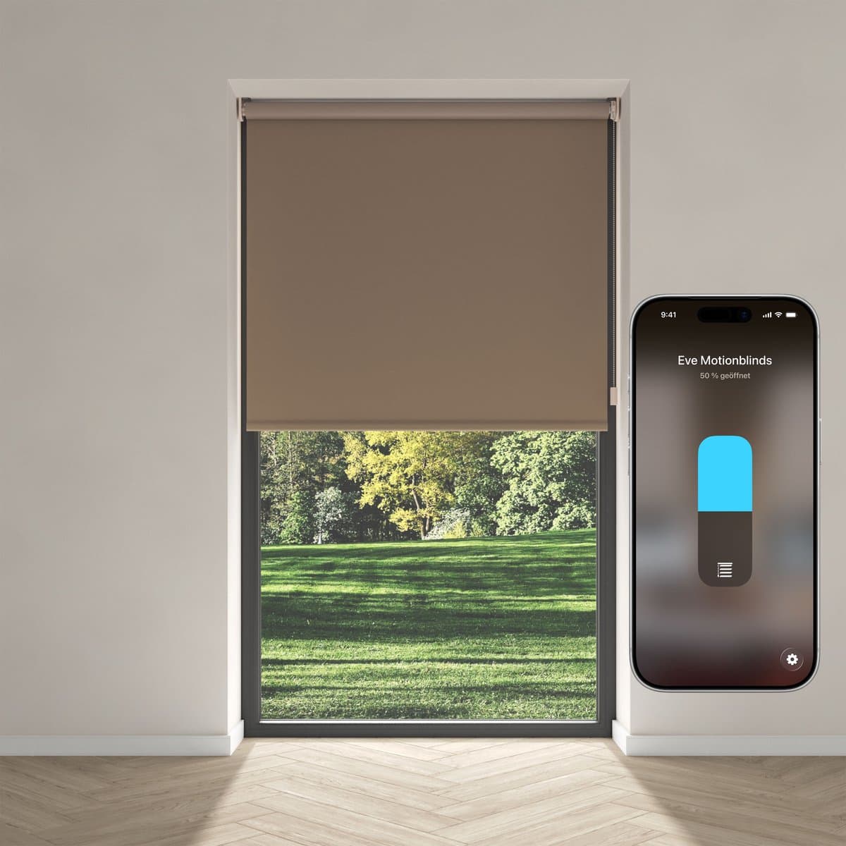Eve Motionblinds (Matter) - Slim elektrisch rolgordijn voor binnen, app-/spraakbediening, schema's, verduisterend, oplaadbare accu, vrijhangend, schroefmontage, automatiseringen, vereist een hub, taupe - 105x190cm